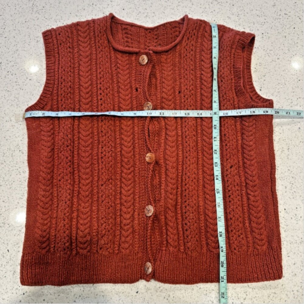 Women's Hand Knit Rust Crochet Sweater Vest‎ Open Front Grannycore Large VINTAGE - Picture 4 of 9